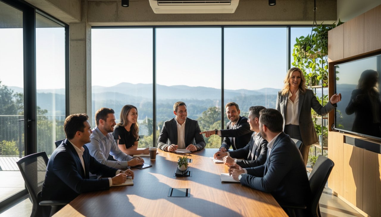 An inspiring wide-angle photograph capturing a successful business team collaborating confidently in a modern Montrose office, bathed in warm, natural light, epitomising bespoke corporate imagery Montrose Victoria.