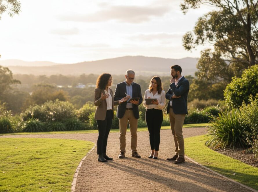 A dynamic, wide-angle shot of a diverse team of Bespoke Corporate Photography Belgrave South Professionals collaborating outdoors in a beautifully lit, natural setting near Belgrave South, embodying innovation and community spirit.