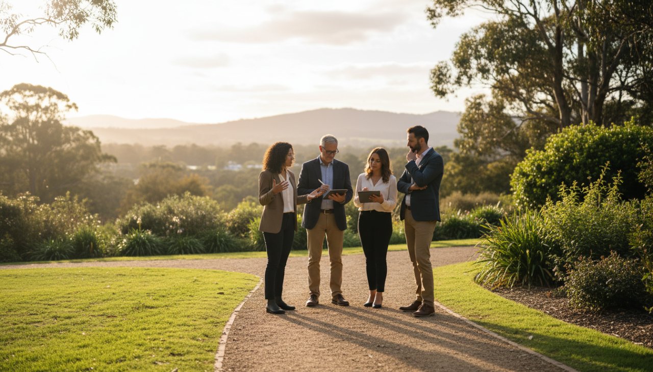 A dynamic, wide-angle shot of a diverse team of Bespoke Corporate Photography Belgrave South Professionals collaborating outdoors in a beautifully lit, natural setting near Belgrave South, embodying innovation and community spirit.