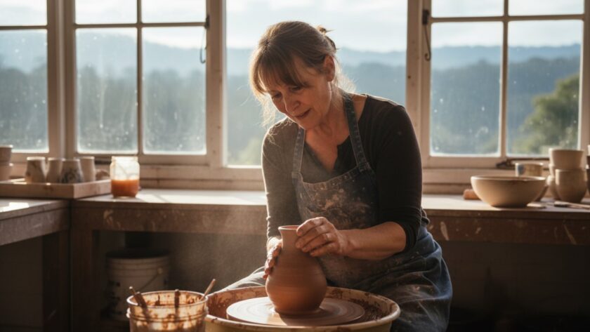 A striking editorial photograph showcasing a local artisan in The Patch, Victoria, carefully crafting a ceramic piece with intense focus, bathed in warm, natural light filtering through tall eucalyptus trees. This bespoke editorial photography The Patch stories image captures an authentic moment of creation amidst the tranquil, lush landscape.