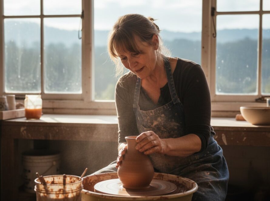 A striking editorial photograph showcasing a local artisan in The Patch, Victoria, carefully crafting a ceramic piece with intense focus, bathed in warm, natural light filtering through tall eucalyptus trees. This bespoke editorial photography The Patch stories image captures an authentic moment of creation amidst the tranquil, lush landscape.