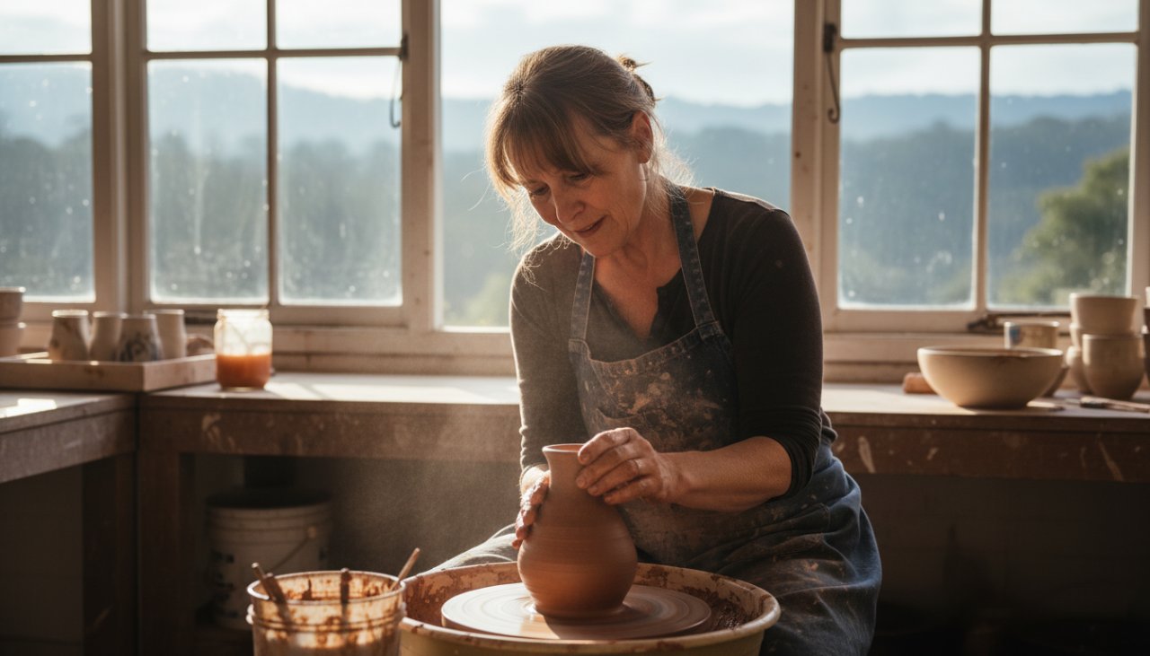 A striking editorial photograph showcasing a local artisan in The Patch, Victoria, carefully crafting a ceramic piece with intense focus, bathed in warm, natural light filtering through tall eucalyptus trees. This bespoke editorial photography The Patch stories image captures an authentic moment of creation amidst the tranquil, lush landscape.
