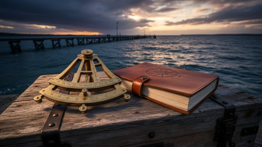 Dramatic wide shot showcasing bespoke maritime product photography at HMAS Cerberus, featuring an antique brass telescope expertly positioned on weathered timber against a stormy Port Phillip Bay sunset, highlighting intricate details and the historic coastal backdrop with professional cinematic lighting.