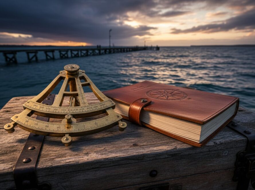 Dramatic wide shot showcasing bespoke maritime product photography at HMAS Cerberus, featuring an antique brass telescope expertly positioned on weathered timber against a stormy Port Phillip Bay sunset, highlighting intricate details and the historic coastal backdrop with professional cinematic lighting.