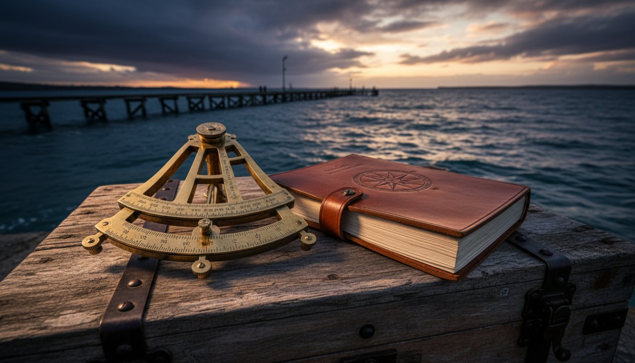 Dramatic wide shot showcasing bespoke maritime product photography at HMAS Cerberus, featuring an antique brass telescope expertly positioned on weathered timber against a stormy Port Phillip Bay sunset, highlighting intricate details and the historic coastal backdrop with professional cinematic lighting.