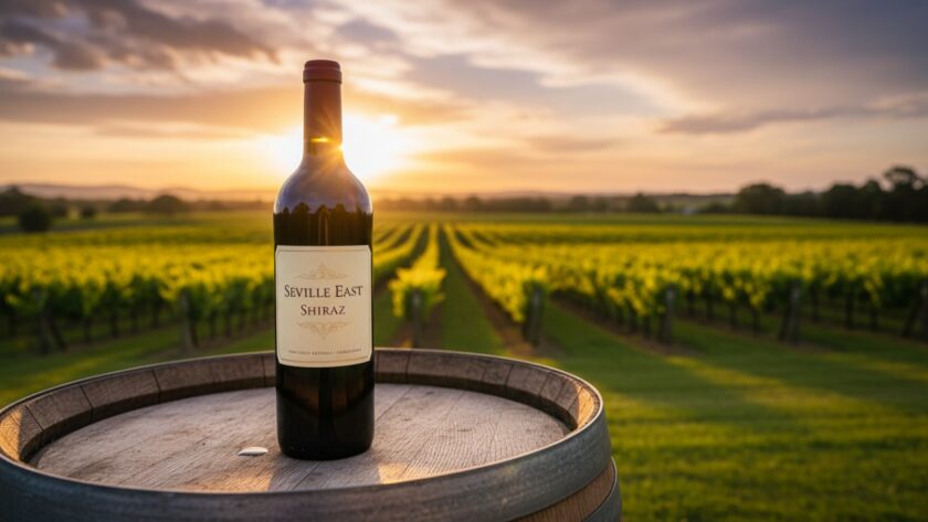 An epic moment captured: bespoke product photography in Seville East vineyards showcasing a handcrafted local wine bottle, dramatically lit by golden hour sun, with rows of grapevines blurring in the background.