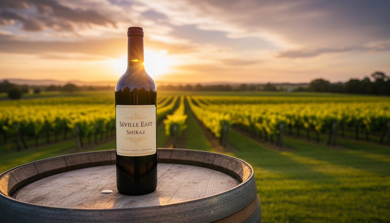 An epic moment captured: bespoke product photography in Seville East vineyards showcasing a handcrafted local wine bottle, dramatically lit by golden hour sun, with rows of grapevines blurring in the background.