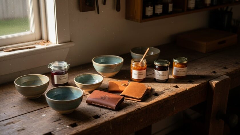 A beautifully composed flat lay showcasing various handcrafted products from Tyabb artisans, bathed in soft, natural light, highlighting intricate details and textures. This bespoke product photography for Tyabb artisans captures the soul of local craftsmanship, ready for a high-end catalogue.