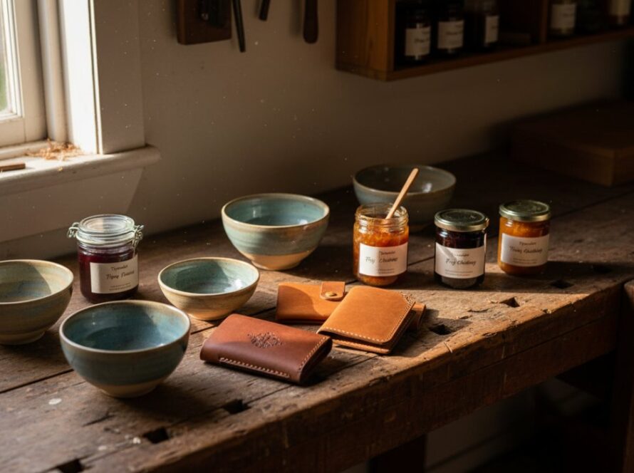 A beautifully composed flat lay showcasing various handcrafted products from Tyabb artisans, bathed in soft, natural light, highlighting intricate details and textures. This bespoke product photography for Tyabb artisans captures the soul of local craftsmanship, ready for a high-end catalogue.