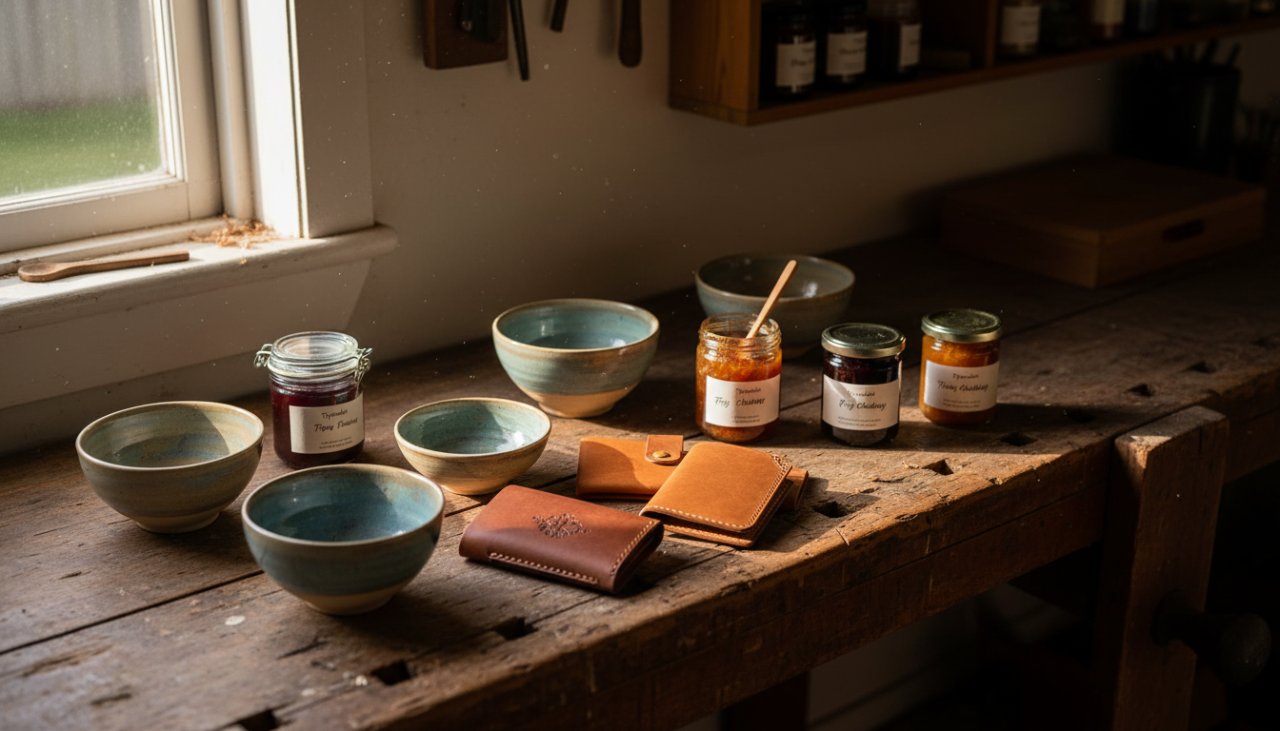 A beautifully composed flat lay showcasing various handcrafted products from Tyabb artisans, bathed in soft, natural light, highlighting intricate details and textures. This bespoke product photography for Tyabb artisans captures the soul of local craftsmanship, ready for a high-end catalogue.