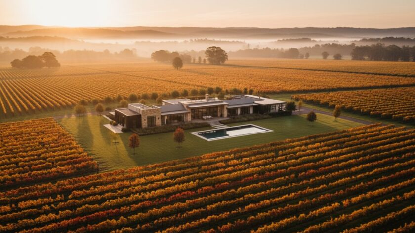 An epic twilight photograph showcasing a luxurious modern farmhouse in Dixons Creek, surrounded by vibrant vineyards under a dramatic golden hour sky, exemplifying bespoke real estate photography for Dixons Creek properties.