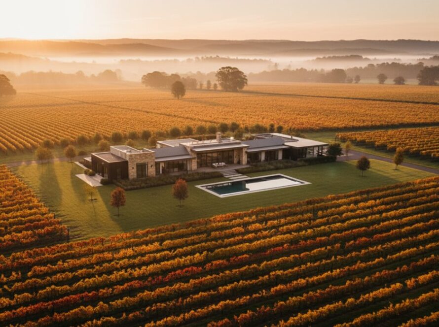 An epic twilight photograph showcasing a luxurious modern farmhouse in Dixons Creek, surrounded by vibrant vineyards under a dramatic golden hour sky, exemplifying bespoke real estate photography for Dixons Creek properties.
