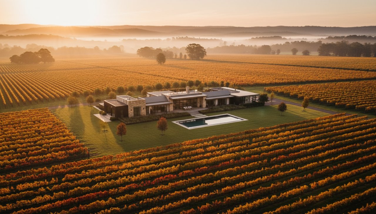 An epic twilight photograph showcasing a luxurious modern farmhouse in Dixons Creek, surrounded by vibrant vineyards under a dramatic golden hour sky, exemplifying bespoke real estate photography for Dixons Creek properties.