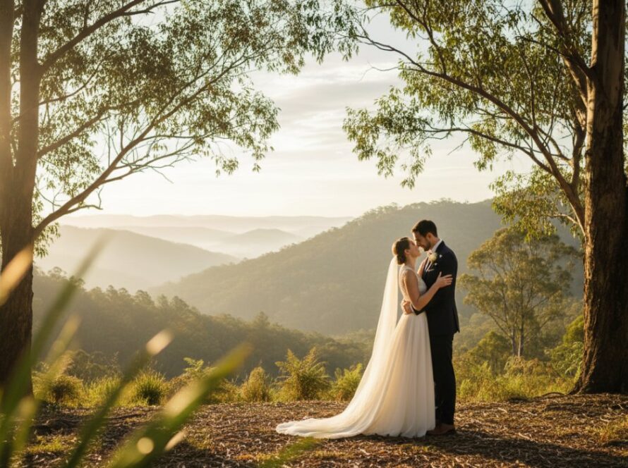 An emotionally charged moment captured in bespoke wedding photography The Patch lush landscapes, featuring a couple embracing under the dappled light of towering gum trees, with the Dandenong Ranges in the misty background, reflecting their timeless love.