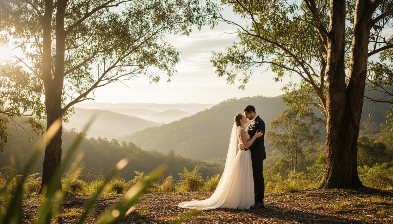An emotionally charged moment captured in bespoke wedding photography The Patch lush landscapes, featuring a couple embracing under the dappled light of towering gum trees, with the Dandenong Ranges in the misty background, reflecting their timeless love.