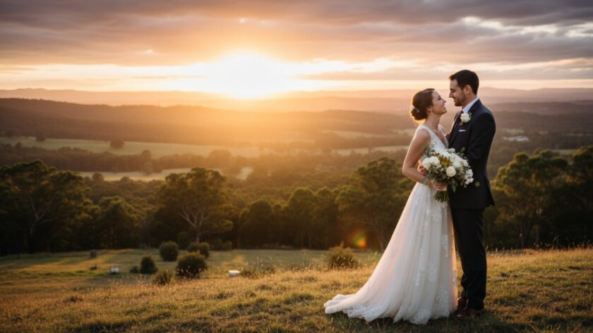 An epic moment captured in bespoke Woori Yallock wedding photography for Yarra Valley couples, featuring a newlywed couple embracing passionately at sunset amidst rolling hills, with golden light illuminating their joyful expressions and the scenic Woori Yallock landscape in the background.