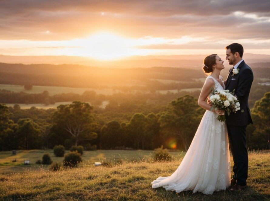 An epic moment captured in bespoke Woori Yallock wedding photography for Yarra Valley couples, featuring a newlywed couple embracing passionately at sunset amidst rolling hills, with golden light illuminating their joyful expressions and the scenic Woori Yallock landscape in the background.