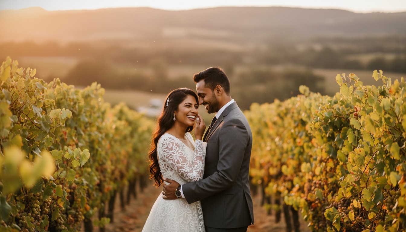 A high-end, candid photograph capturing a couple sharing an intimate, joyful laugh amidst the lush vineyards of the Yarra Valley, with rolling hills and a golden sunset in the background. The scene exudes genuine love and the refined beauty of a Victorian wedding. No text.