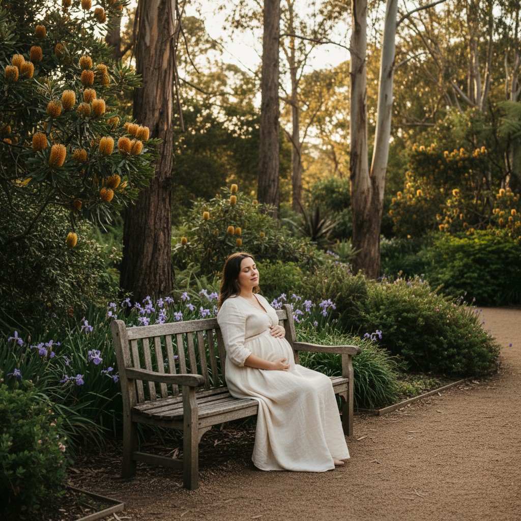 A realistic, high-quality photograph of a pregnant woman sitting peacefully on a rustic wooden bench amidst the vibrant, lush greenery and blooming native flowers of the Royal Botanic Gardens in Melbourne during a soft morning light. She is wearing a comfortable, elegant dress, gently touching her baby bump, with Australian flora visible in the background. The focus is on the natural beauty of the garden and the serene moment of pregnancy, without any overlaid text.