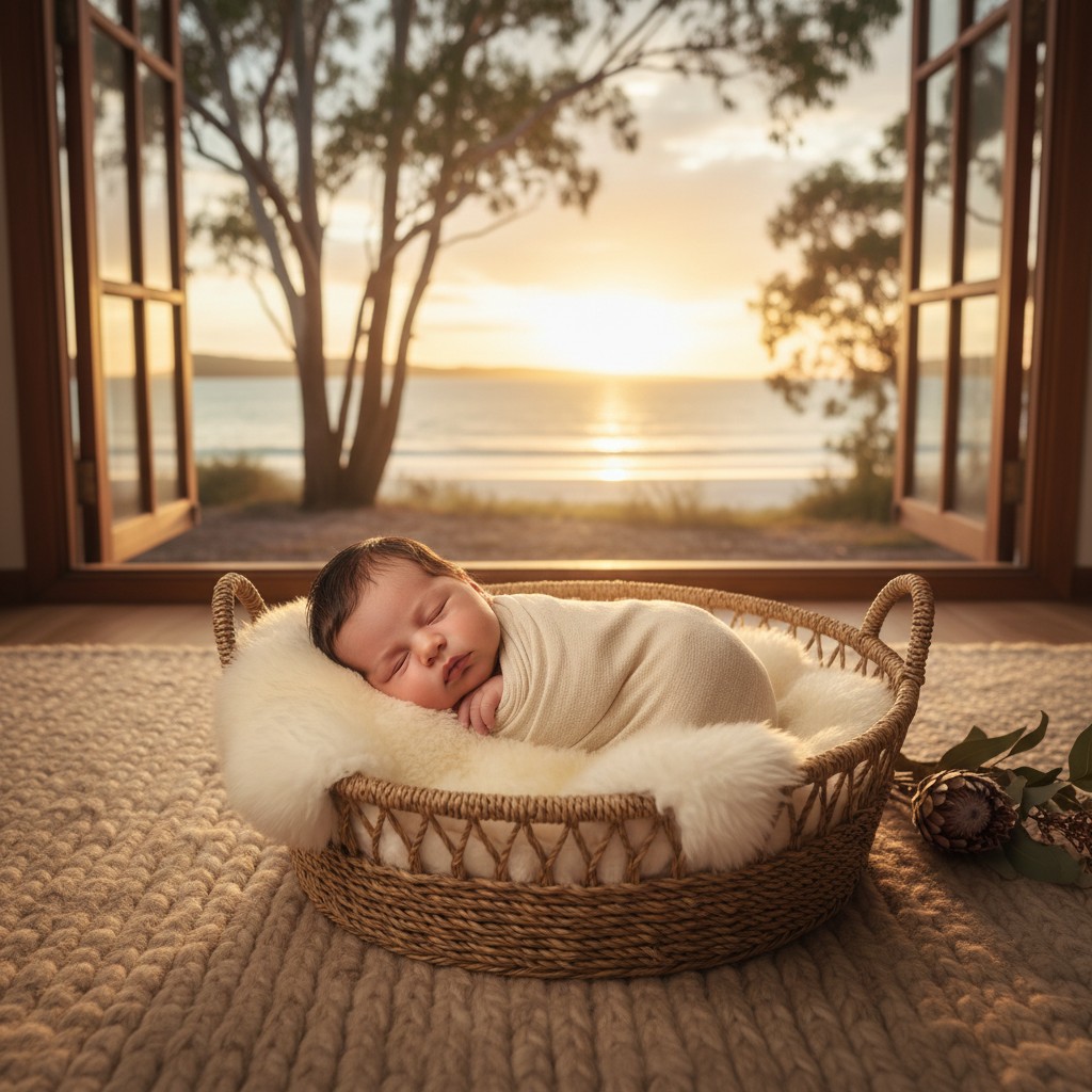 A realistic, high-quality photograph of a newborn baby sleeping soundly in a natural woven bassinet or rustic wooden crate, placed safely on a large, soft wool rug. In the softly blurred background, a quintessential Australian landscape featuring iconic eucalyptus trees, golden light from the late afternoon sun, or a calm beach scene is visible through a large, open window or door. The scene emphasizes natural textures and a warm, comforting atmosphere, with a clear focus on the baby.