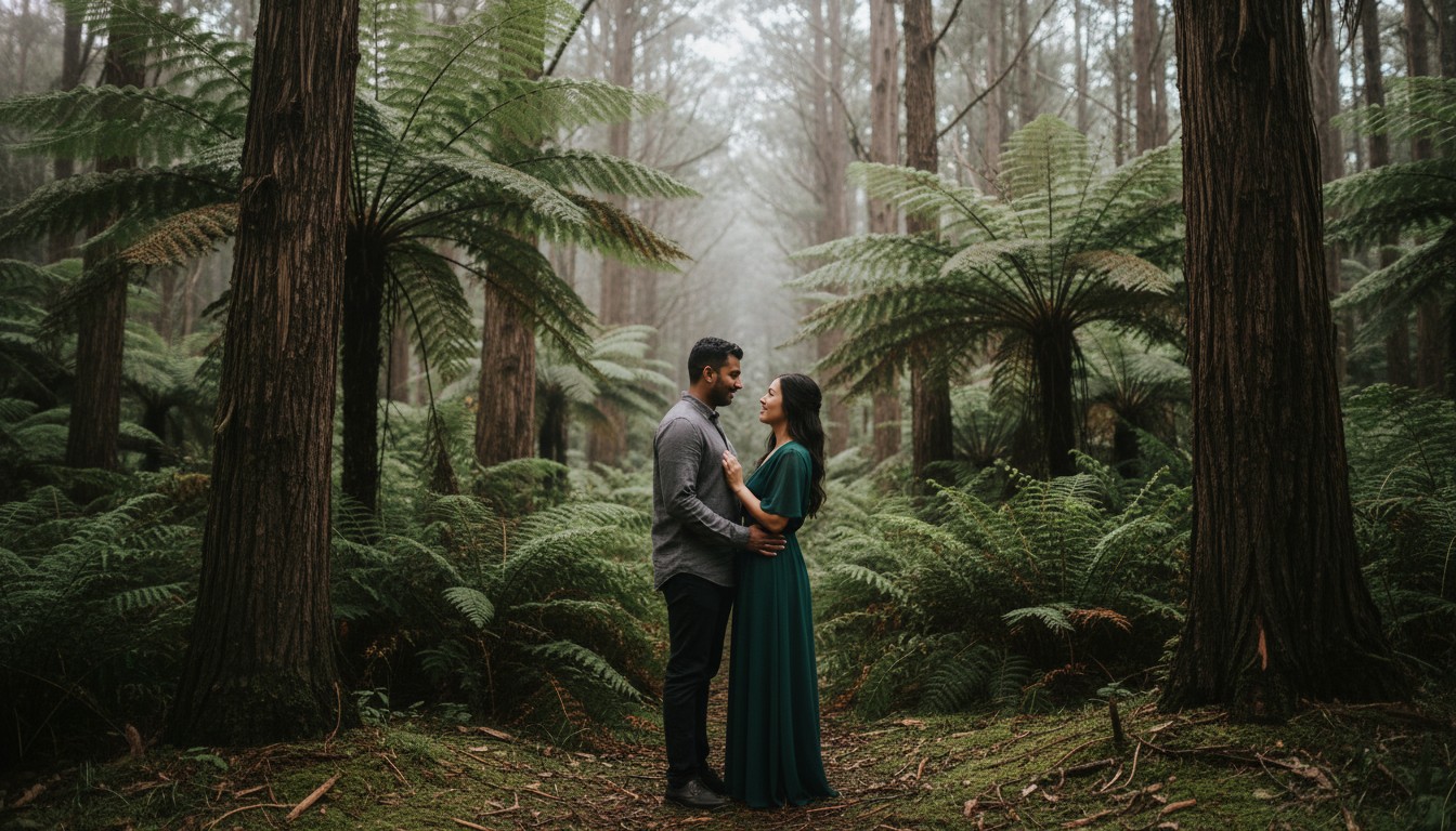 A realistic, high-quality photograph of a diverse couple, maintaining consistency in style and mood with a hypothetical reference image of a loving, naturally interacting pair, sharing a romantic moment amidst the lush, fern-filled canopy and towering trees of the Dandenong Ranges in Victoria. The natural light filters softly through the dense foliage, creating a serene and enchanted atmosphere. The couple is dressed in elegant but comfortable attire, interacting naturally and emotionally. No transparent background or text.