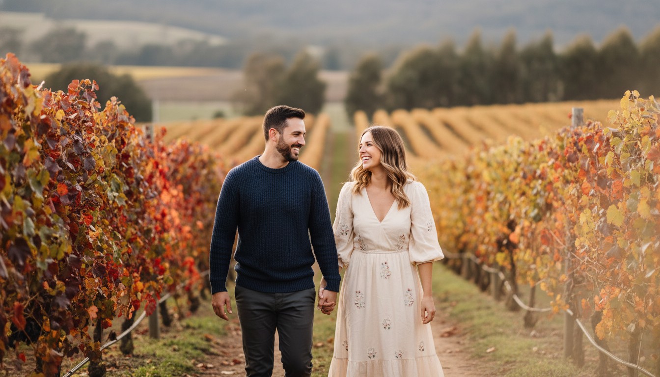 A candid shot of a happy couple strolling hand-in-hand through lush green vineyards in the Yarra Valley, autumn colors in the background, with a soft, natural light, capturing genuine emotion.