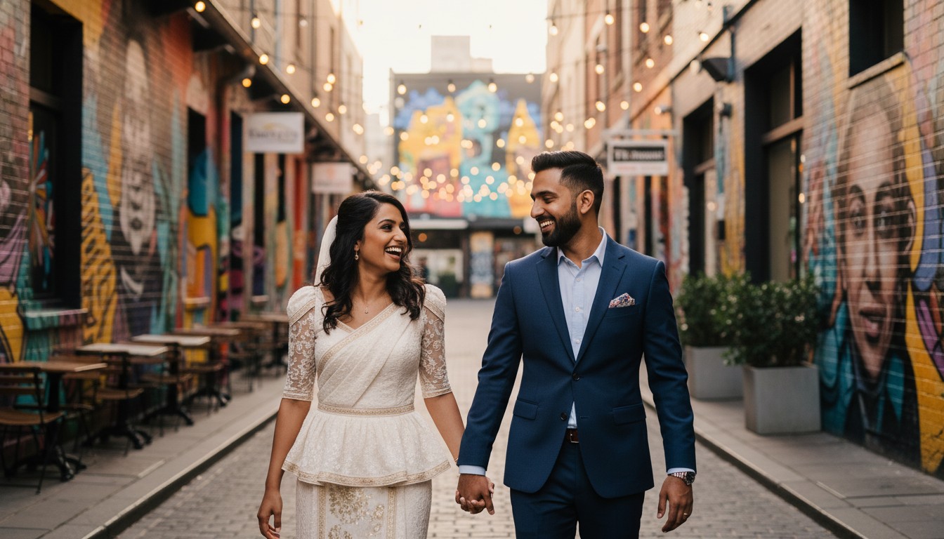 A candid, high-end wedding photograph of a couple laughing genuinely as they stroll hand-in-hand through a vibrant Fitzroy laneway in Melbourne, adorned with unique street art and characterful cafes. The light is soft, highlighting their joyful connection and the romantic atmosphere of the urban setting. No text on image.