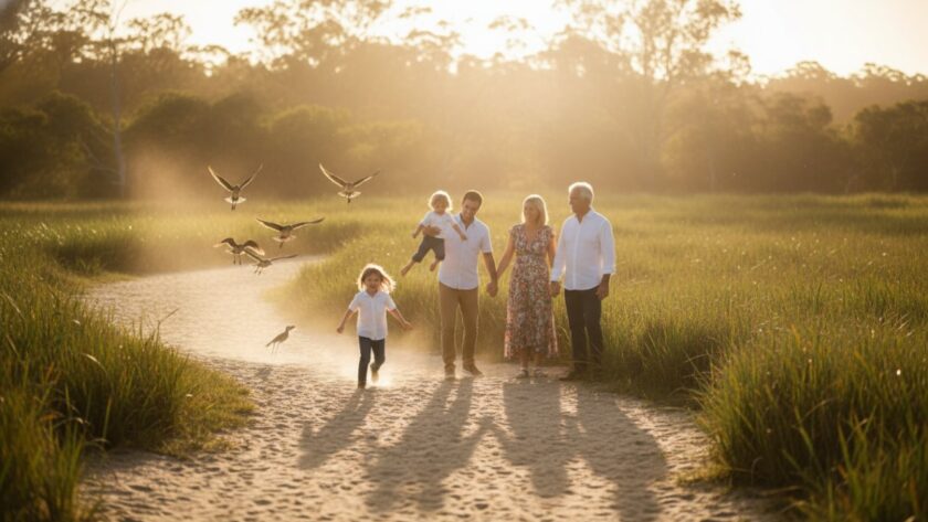 A stunning wide-angle shot of a family laughing joyously together during golden hour on a sandy path near the Bittern Wetlands, capturing Bittern candid family photography capturing genuine joy as children splash in puddles and parents embrace, reflecting pure, unposed happiness amidst the natural beauty of the Mornington Peninsula.