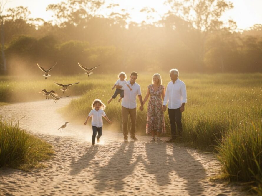 A stunning wide-angle shot of a family laughing joyously together during golden hour on a sandy path near the Bittern Wetlands, capturing Bittern candid family photography capturing genuine joy as children splash in puddles and parents embrace, reflecting pure, unposed happiness amidst the natural beauty of the Mornington Peninsula.