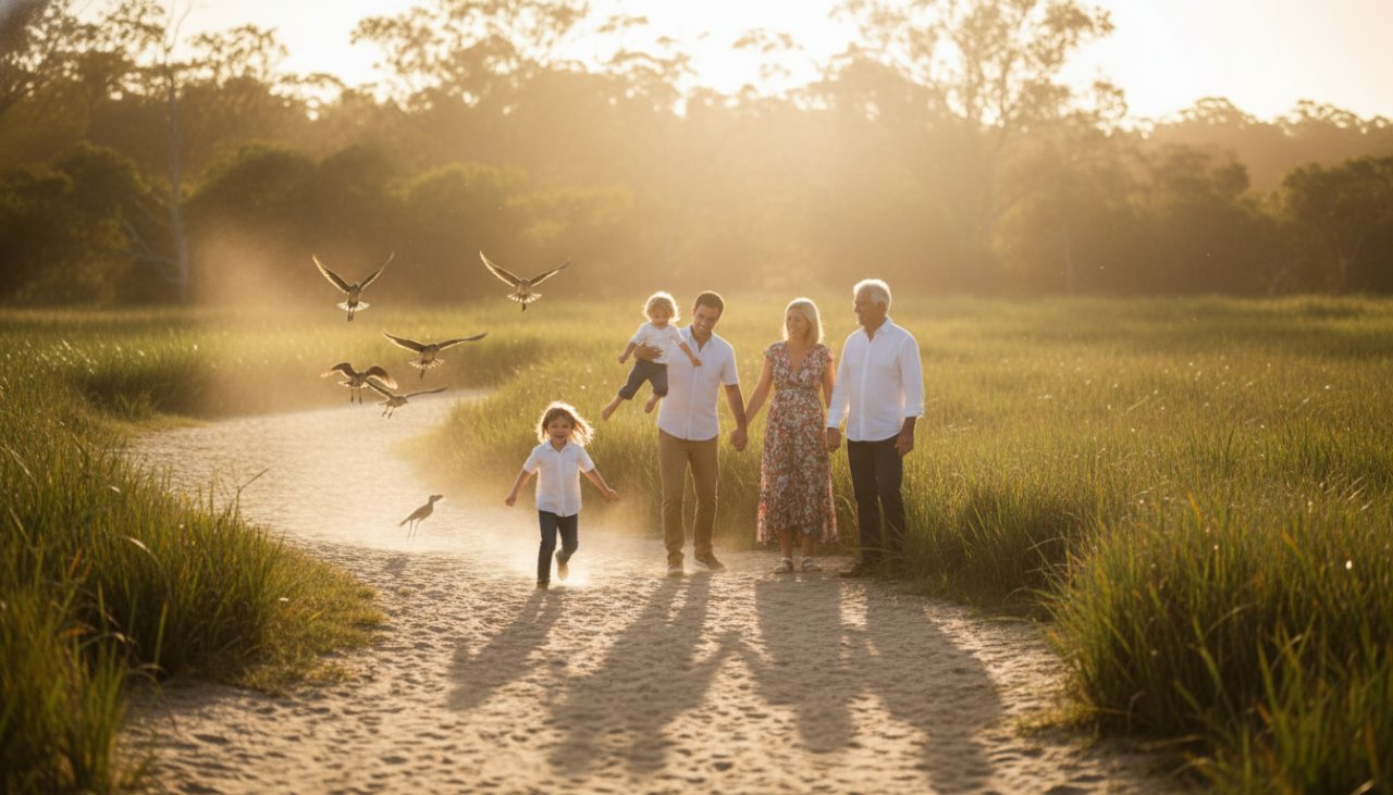 A stunning wide-angle shot of a family laughing joyously together during golden hour on a sandy path near the Bittern Wetlands, capturing Bittern candid family photography capturing genuine joy as children splash in puddles and parents embrace, reflecting pure, unposed happiness amidst the natural beauty of the Mornington Peninsula.