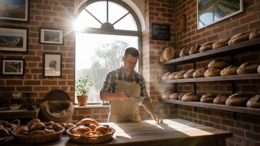 An epic, high-angle shot capturing a bustling local market stall in Bittern, featuring a small business owner proudly showcasing artisan products, bathed in warm afternoon sunlight, illustrating Bittern commercial photography branding for small businesses in action.