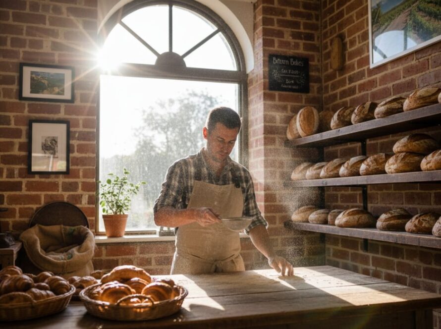An epic, high-angle shot capturing a bustling local market stall in Bittern, featuring a small business owner proudly showcasing artisan products, bathed in warm afternoon sunlight, illustrating Bittern commercial photography branding for small businesses in action.