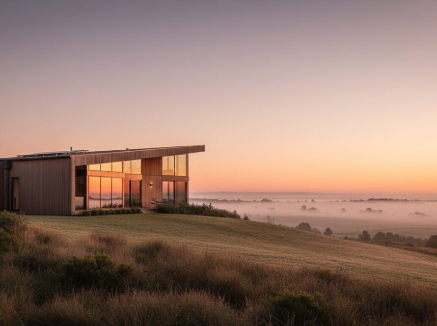 Dramatic sunset shot of a contemporary, angular home in Bittern, Victoria, showcasing its unique design. This Bittern Victoria architectural photography for modern builds captures the sleek lines and innovative structure against a vibrant sky, with warm interior lights glowing.