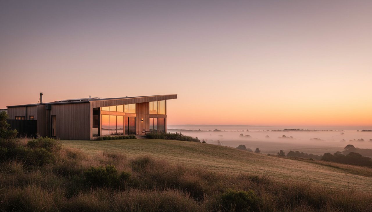 Dramatic sunset shot of a contemporary, angular home in Bittern, Victoria, showcasing its unique design. This Bittern Victoria architectural photography for modern builds captures the sleek lines and innovative structure against a vibrant sky, with warm interior lights glowing.