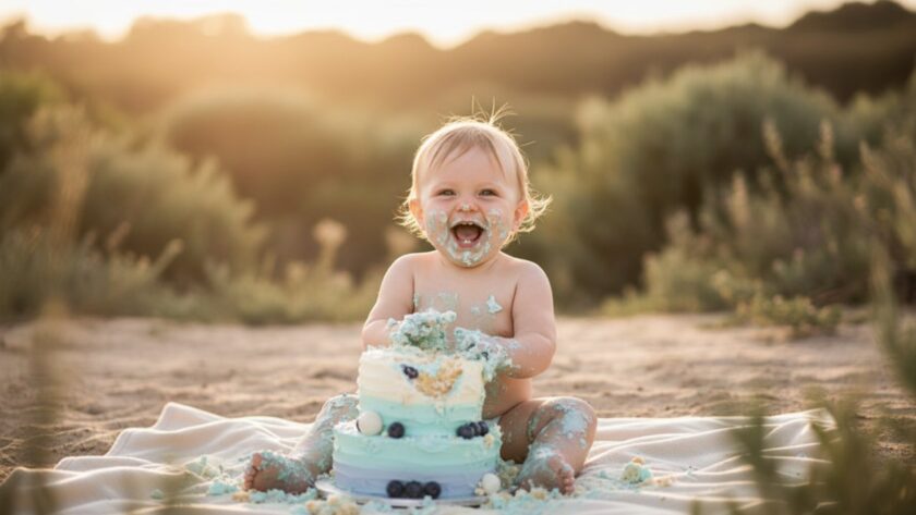 An ecstatic baby, covered in frosting from a Bittern Victoria bespoke cake smash photography session, giggling wildly amidst a natural, soft-lit setting with a sense of pure, unadulterated joy.