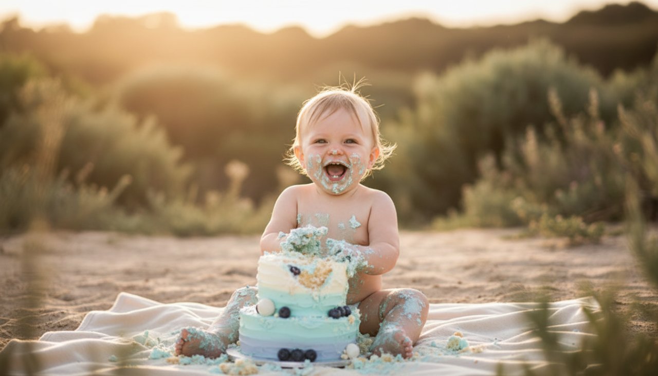 An ecstatic baby, covered in frosting from a Bittern Victoria bespoke cake smash photography session, giggling wildly amidst a natural, soft-lit setting with a sense of pure, unadulterated joy.