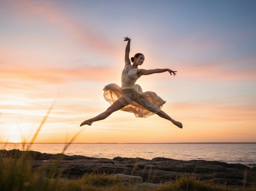 A powerful, dynamic moment captured in Bittern Victoria contemporary dance photography, featuring a dancer mid-air in an elegant leap against a dramatic, moody backdrop, showcasing the raw emotion and artistry of their performance.