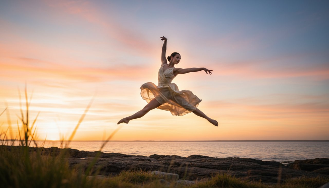 A powerful, dynamic moment captured in Bittern Victoria contemporary dance photography, featuring a dancer mid-air in an elegant leap against a dramatic, moody backdrop, showcasing the raw emotion and artistry of their performance.