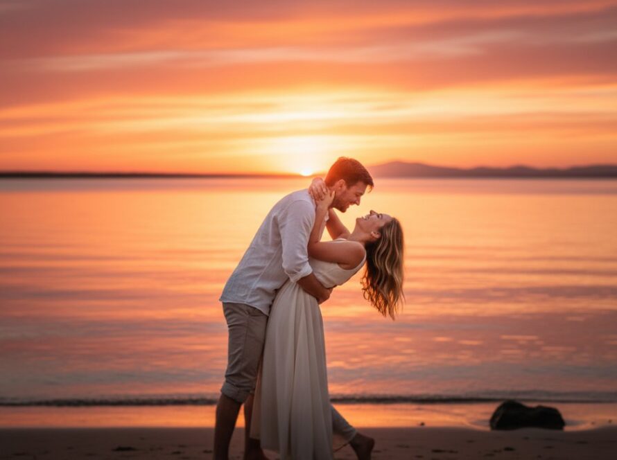 A couple embracing joyfully on the Bittern foreshore at sunset, capturing Bittern Victoria engagement photography candid moments with golden light reflecting off the water, showcasing their genuine connection.