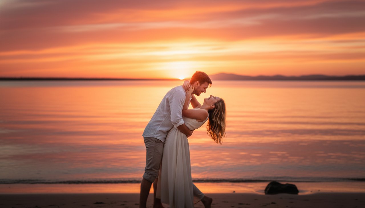 A couple embracing joyfully on the Bittern foreshore at sunset, capturing Bittern Victoria engagement photography candid moments with golden light reflecting off the water, showcasing their genuine connection.