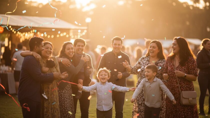 An epic, emotionally resonant photograph by a Bittern Victoria Event Photography capturing candid joy, showing a group of friends laughing heartily at a twilight community festival in Bittern, Victoria, with colourful lights blurring in the background and a warm, inviting glow illuminating their faces.