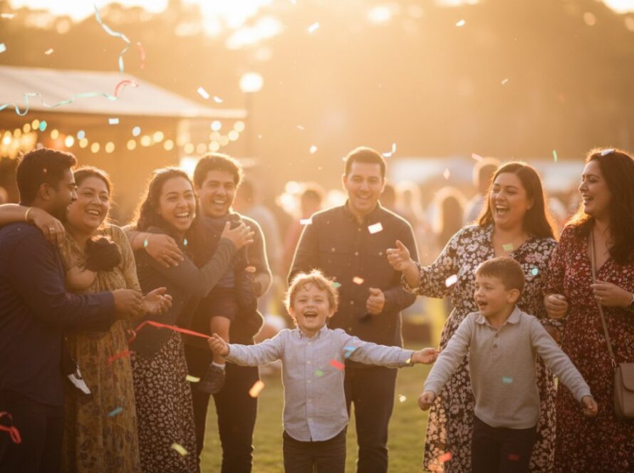 An epic, emotionally resonant photograph by a Bittern Victoria Event Photography capturing candid joy, showing a group of friends laughing heartily at a twilight community festival in Bittern, Victoria, with colourful lights blurring in the background and a warm, inviting glow illuminating their faces.