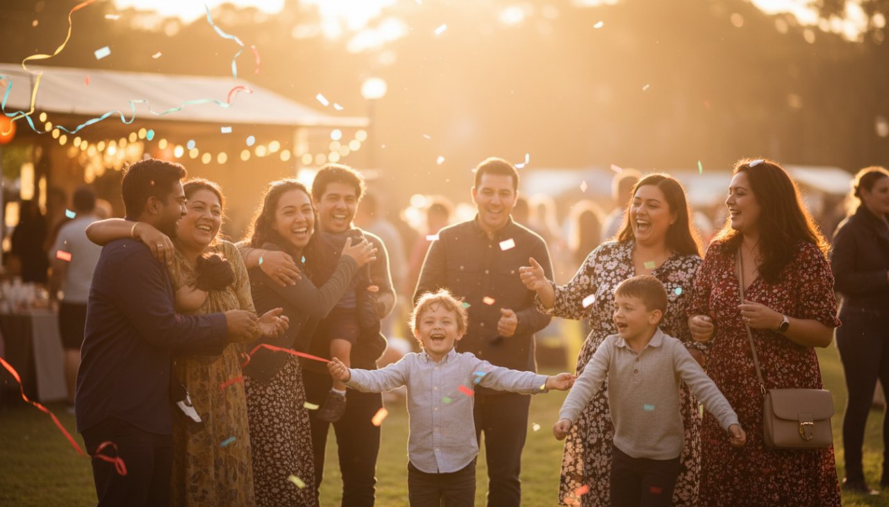 An epic, emotionally resonant photograph by a Bittern Victoria Event Photography capturing candid joy, showing a group of friends laughing heartily at a twilight community festival in Bittern, Victoria, with colourful lights blurring in the background and a warm, inviting glow illuminating their faces.