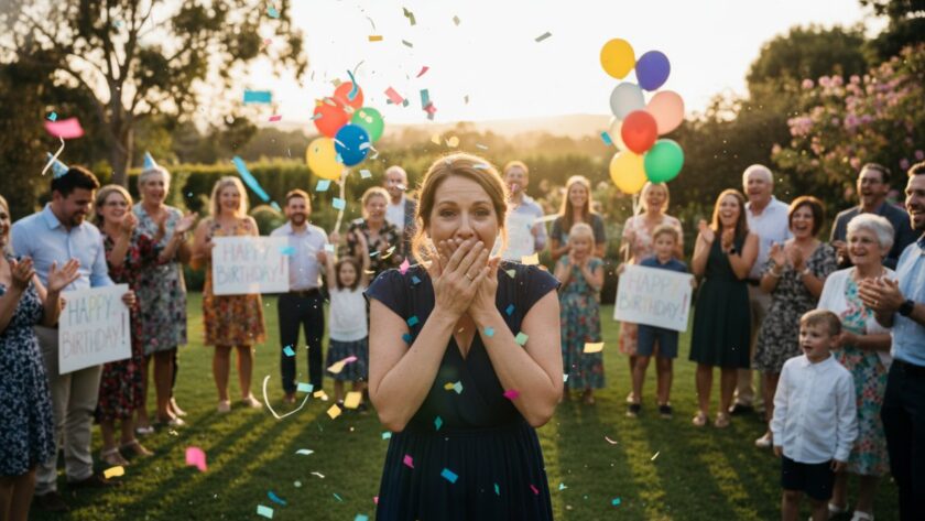 An ecstatic group of friends and family cheering as a birthday person is surprised at a beautifully decorated outdoor venue in Bittern, Victoria, captured by a Bittern Victoria surprise birthday party photographer, showcasing genuine joy and vibrant celebration under golden hour light.