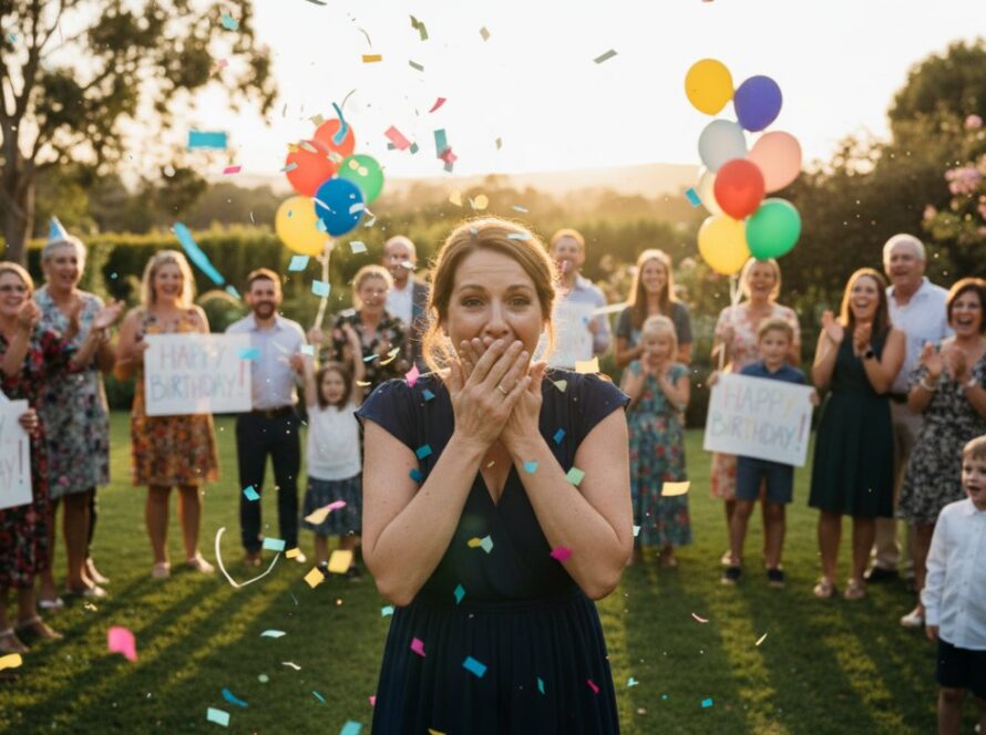 An ecstatic group of friends and family cheering as a birthday person is surprised at a beautifully decorated outdoor venue in Bittern, Victoria, captured by a Bittern Victoria surprise birthday party photographer, showcasing genuine joy and vibrant celebration under golden hour light.