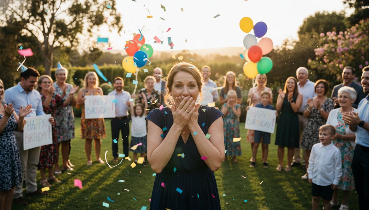 An ecstatic group of friends and family cheering as a birthday person is surprised at a beautifully decorated outdoor venue in Bittern, Victoria, captured by a Bittern Victoria surprise birthday party photographer, showcasing genuine joy and vibrant celebration under golden hour light.