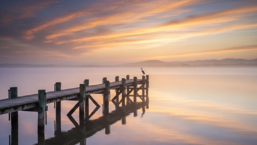 An aerial shot capturing the stunning Bittern Victoria's coastal serenity fine art photography, showcasing the dramatic confluence of a tranquil inlet with the rugged coastline at dawn, a lone fisherman casting a line, bathed in golden light, representing an epic moment of peace and natural grandeur.