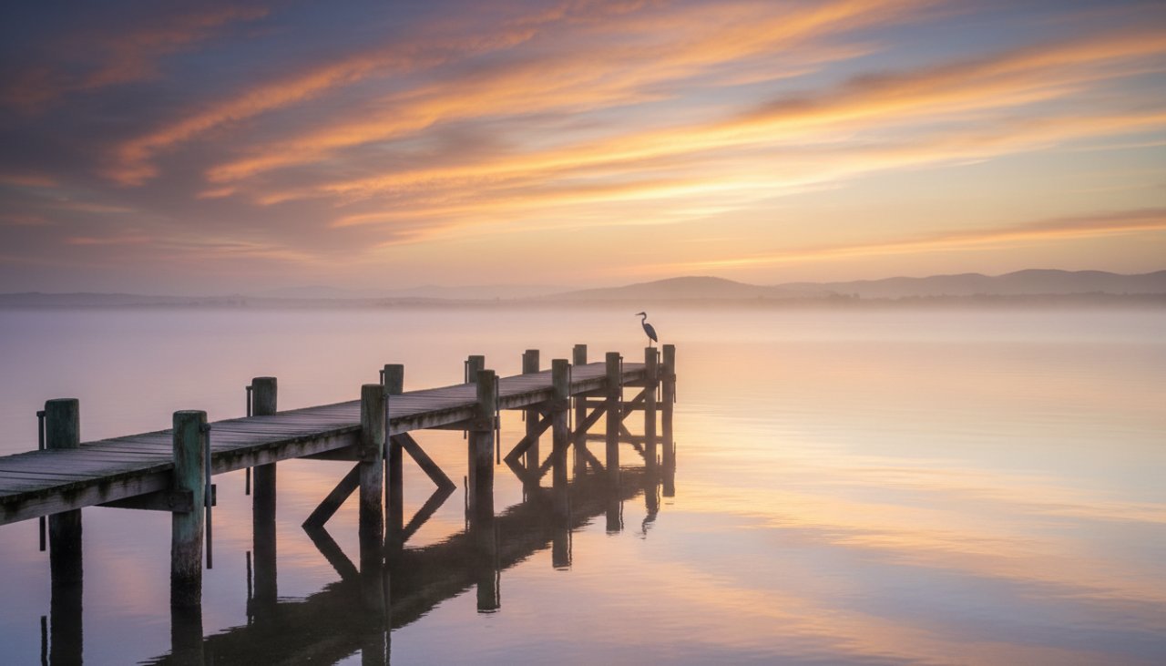 An aerial shot capturing the stunning Bittern Victoria's coastal serenity fine art photography, showcasing the dramatic confluence of a tranquil inlet with the rugged coastline at dawn, a lone fisherman casting a line, bathed in golden light, representing an epic moment of peace and natural grandeur.