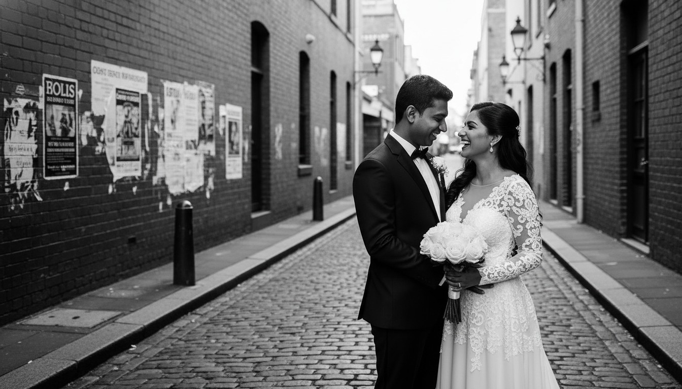 A professional, high-end, black and white candid wedding photograph capturing a couple sharing an intimate laugh in a cobblestone Fitzroy laneway, adorned with subtle historic details. Use the provided sample image as a strict reference for style, mood, and to maintain consistency with the people featured. The image should highlight their loving connection and the unique Melbourne atmosphere. No transparent backgrounds or text.