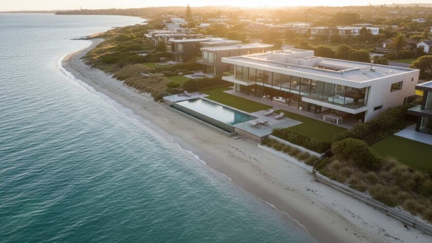 An aerial, golden hour shot showcasing a luxury Blairgowrie beachfront property with its infinity pool overlooking the turquoise ocean and sandy beach, highlighting expert Blairgowrie beachfront property photography Victoria.